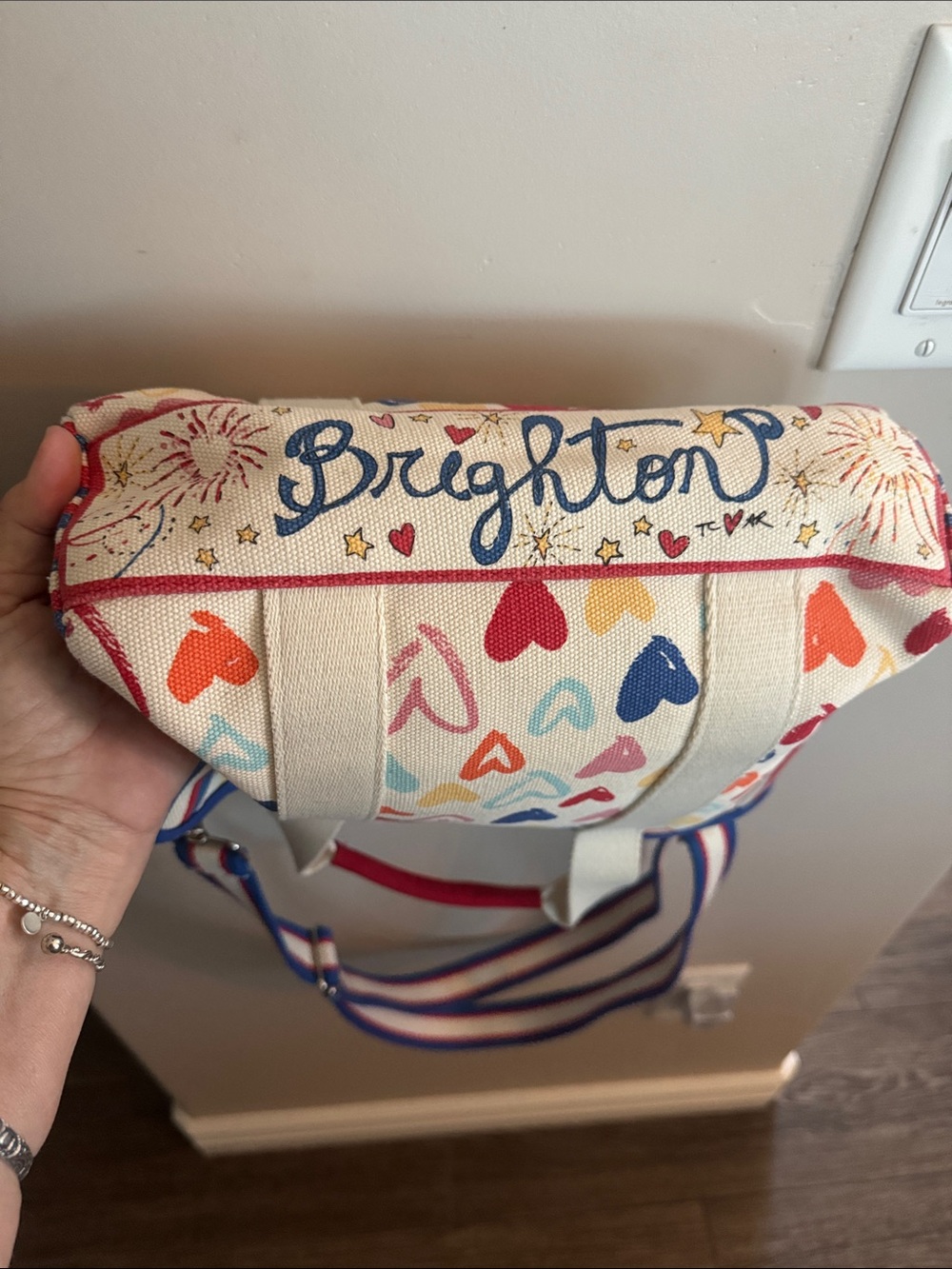 Brighton LOVE Heart Canvas Crossbody Bag - Cream with Multicolor Hearts - Picture 7 of 7